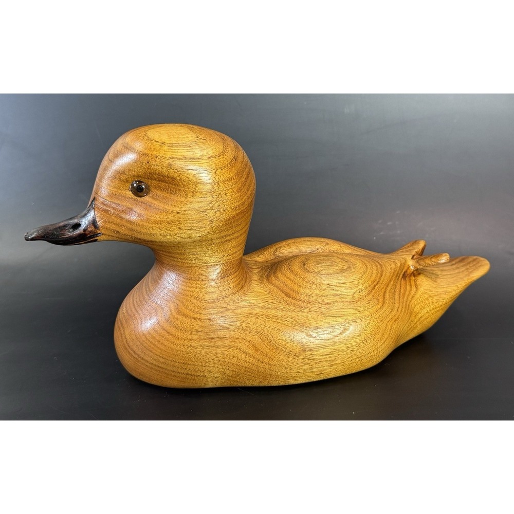 Hand Carved Wood Duck Decoy Korschgen Glass Eye Folk Art Lodge Sculpture 12.5"